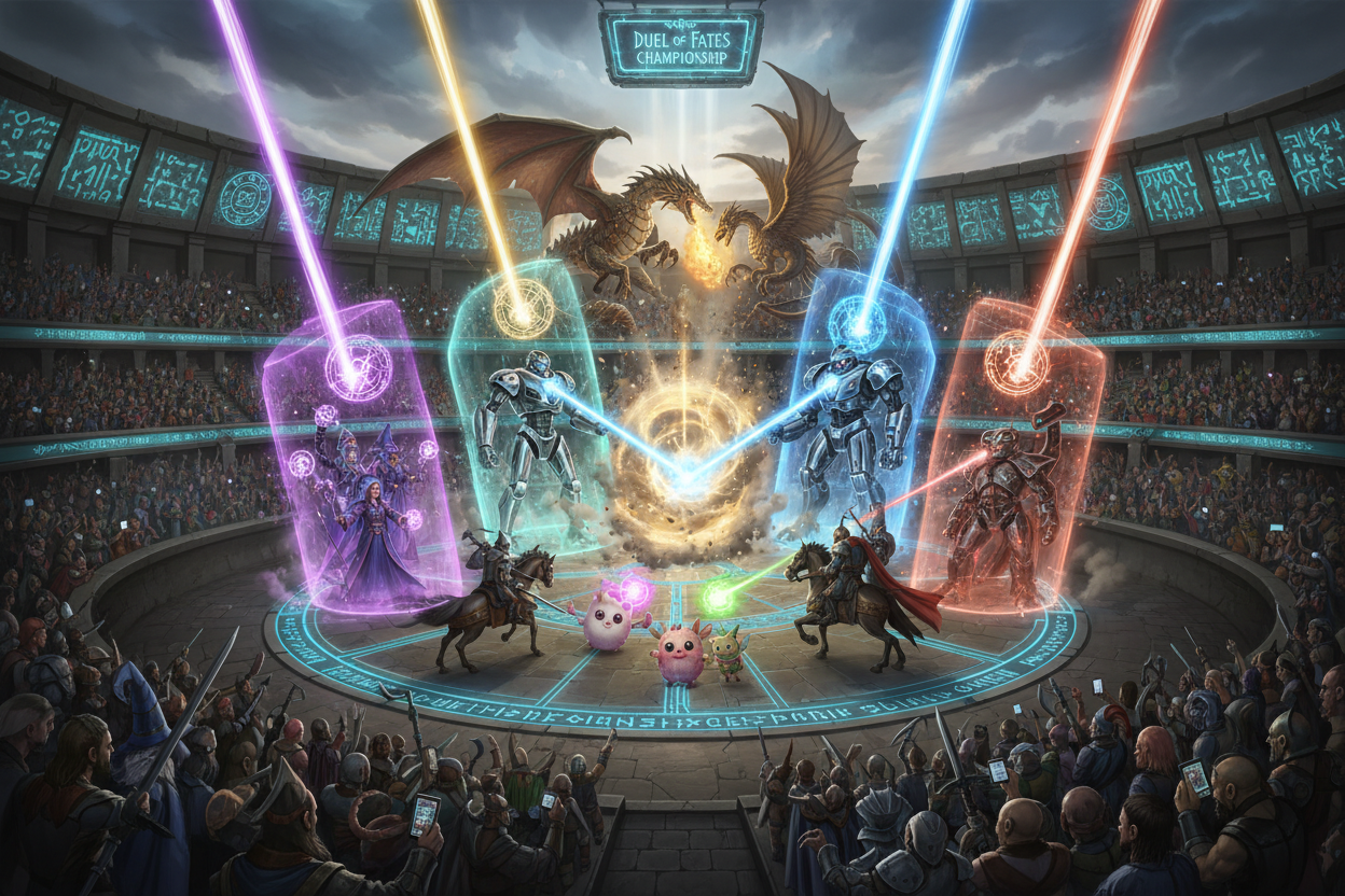 dans un univers fantastique, une scene representant diverse categorie de de tcg qui safronte dans un un tournoi